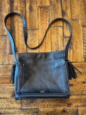Vintage BAGGS Collection Black Pebbled Leather Crossbody Bag with Tassels